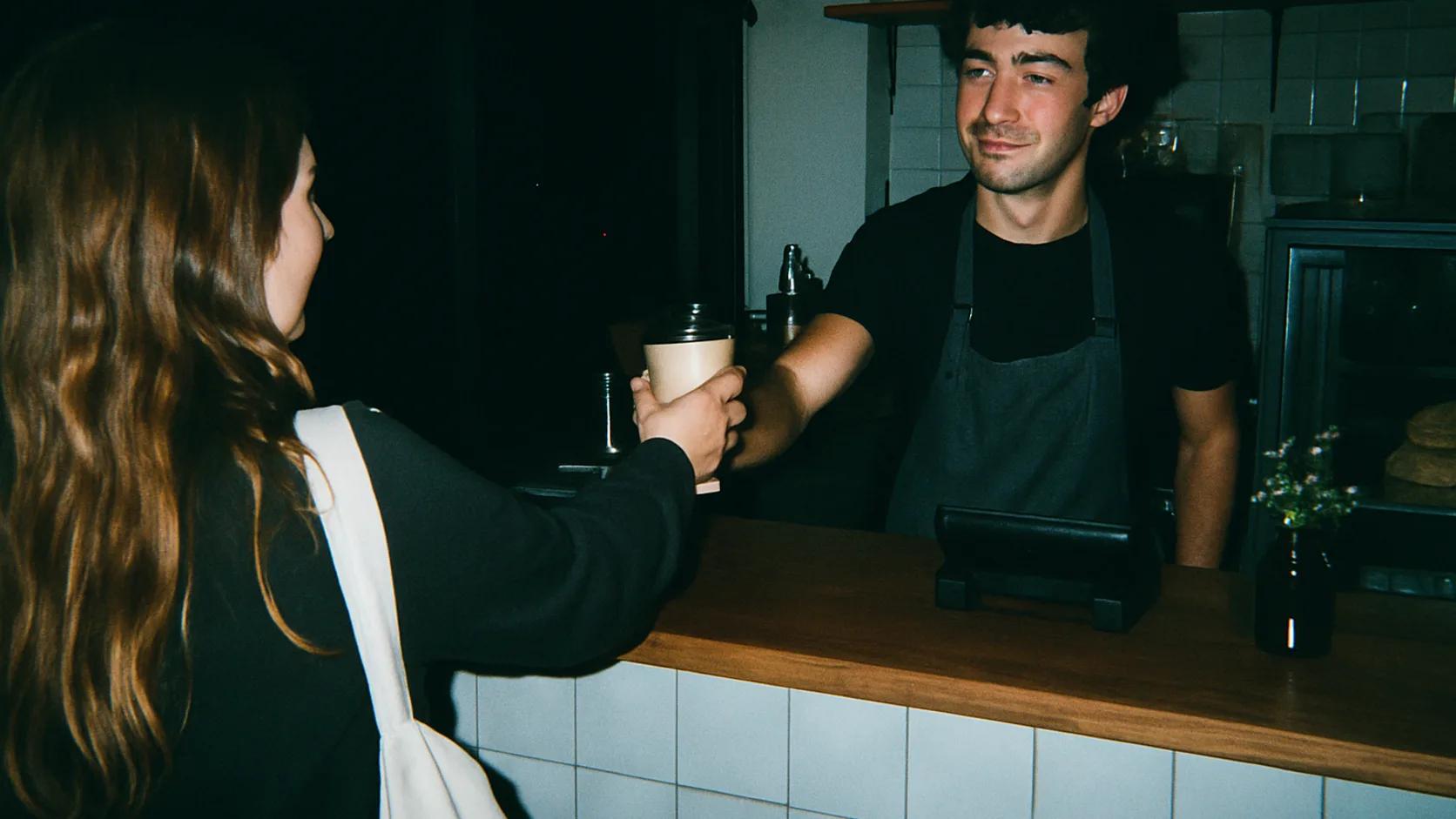 Barista handing a coffee to go across the counter of a small branch