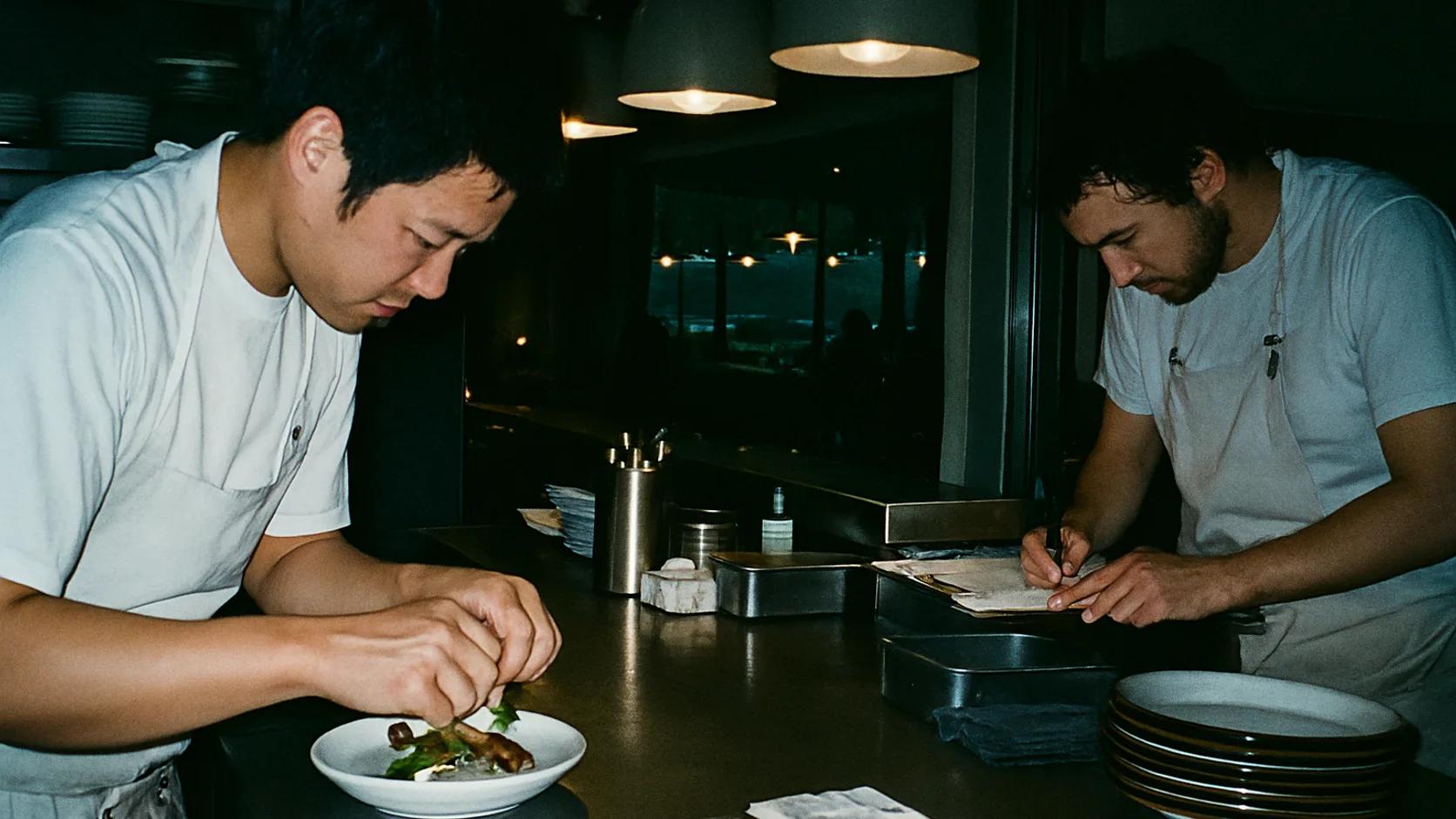 Koks aan de doorgeefplank van een open restaurantkeuken tijdens de voorbereiding
