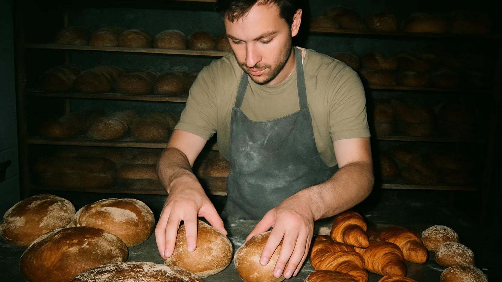 Bakkerijmedewerkster legt vers bakwerk in de verkoopvitrine