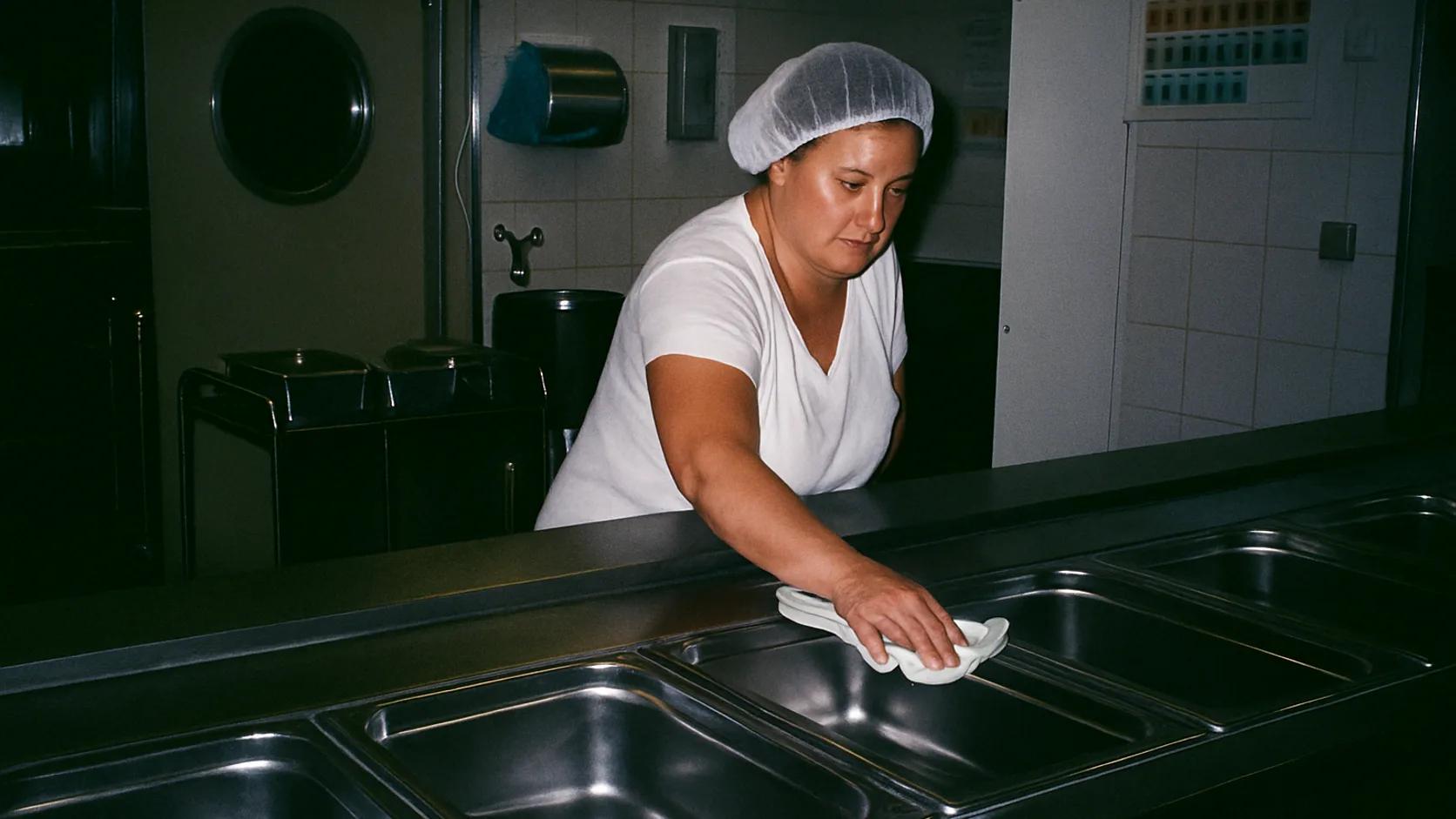 Kantinemedewerkster maakt de uitgiftebalie schoon voor de maaltijduitgifte