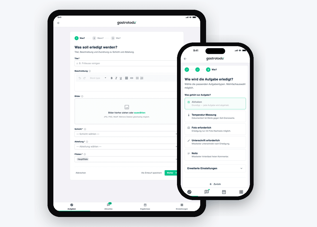 Nieuwe taken-editor: drie-staps wizard Wat/Wanneer/Hoe op de iPad, de Hoe-stap met taaktype-selectie op de iPhone ernaast.
