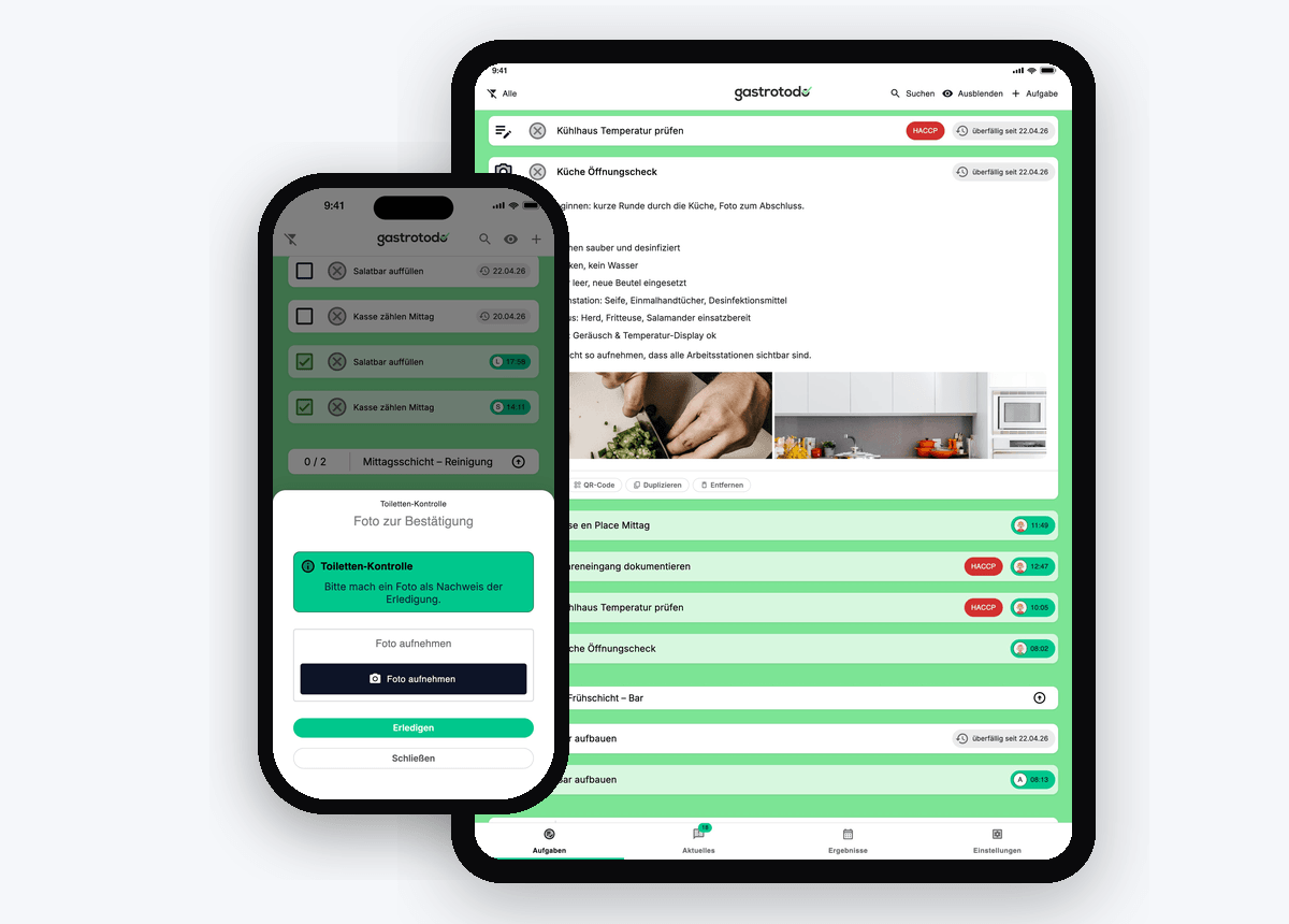 Fotobewijs bij afronding: modal op de iPhone vraagt om een foto, rechts het taakdetail met geüploade foto's op de desktop.