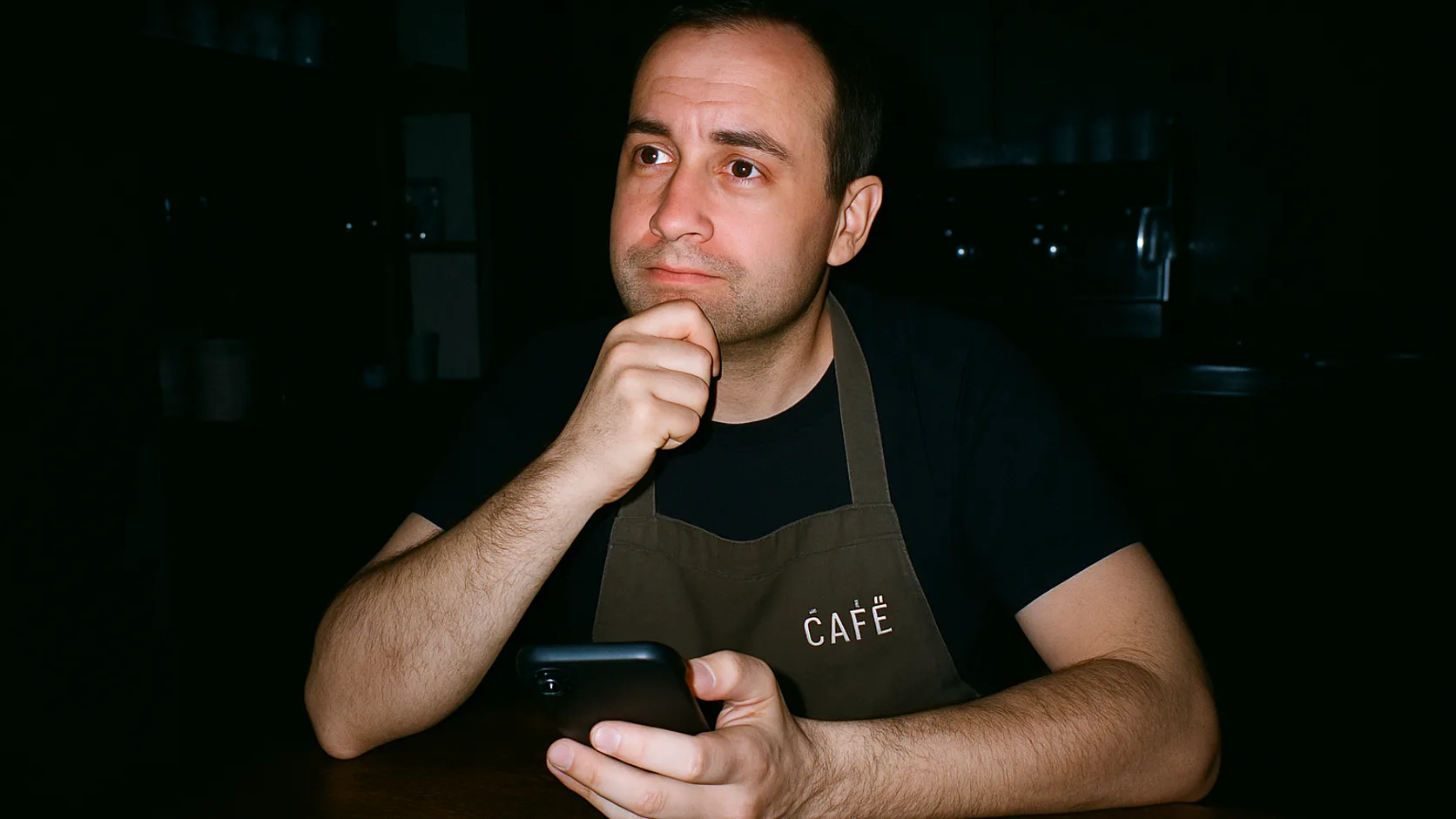 Café-Leitung blickt ratlos aufs Handy zwischen Unterlagen