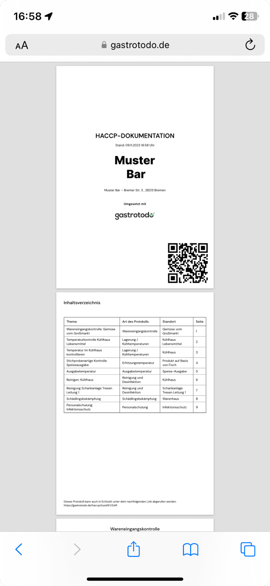 HACCP documentation as a print-ready record on a smartphone.